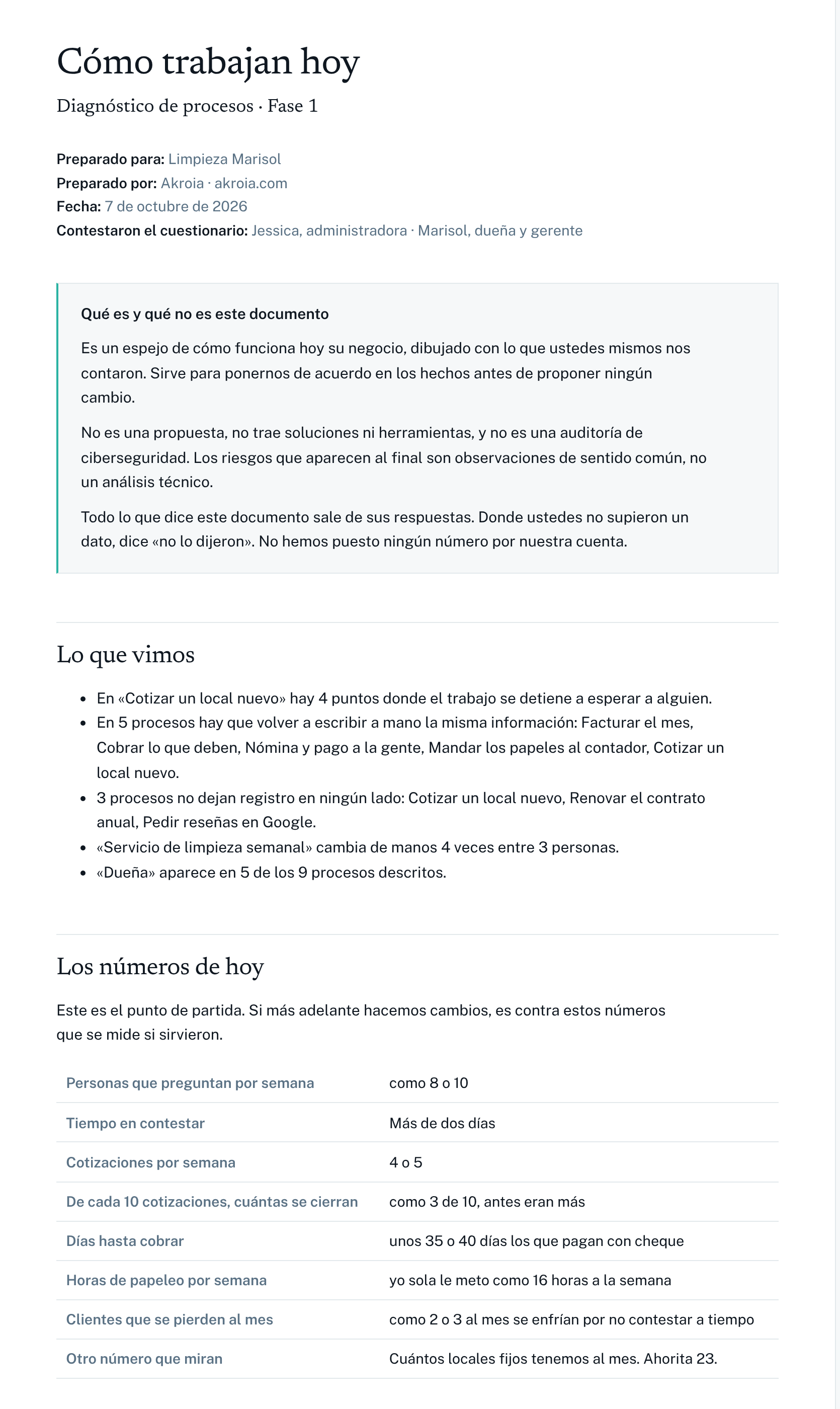 The first page of a sample diagnostic report, “How they work today”: cover details, a box explaining what the document is and isn’t, the “What we saw” list, and the “Today’s numbers” table.