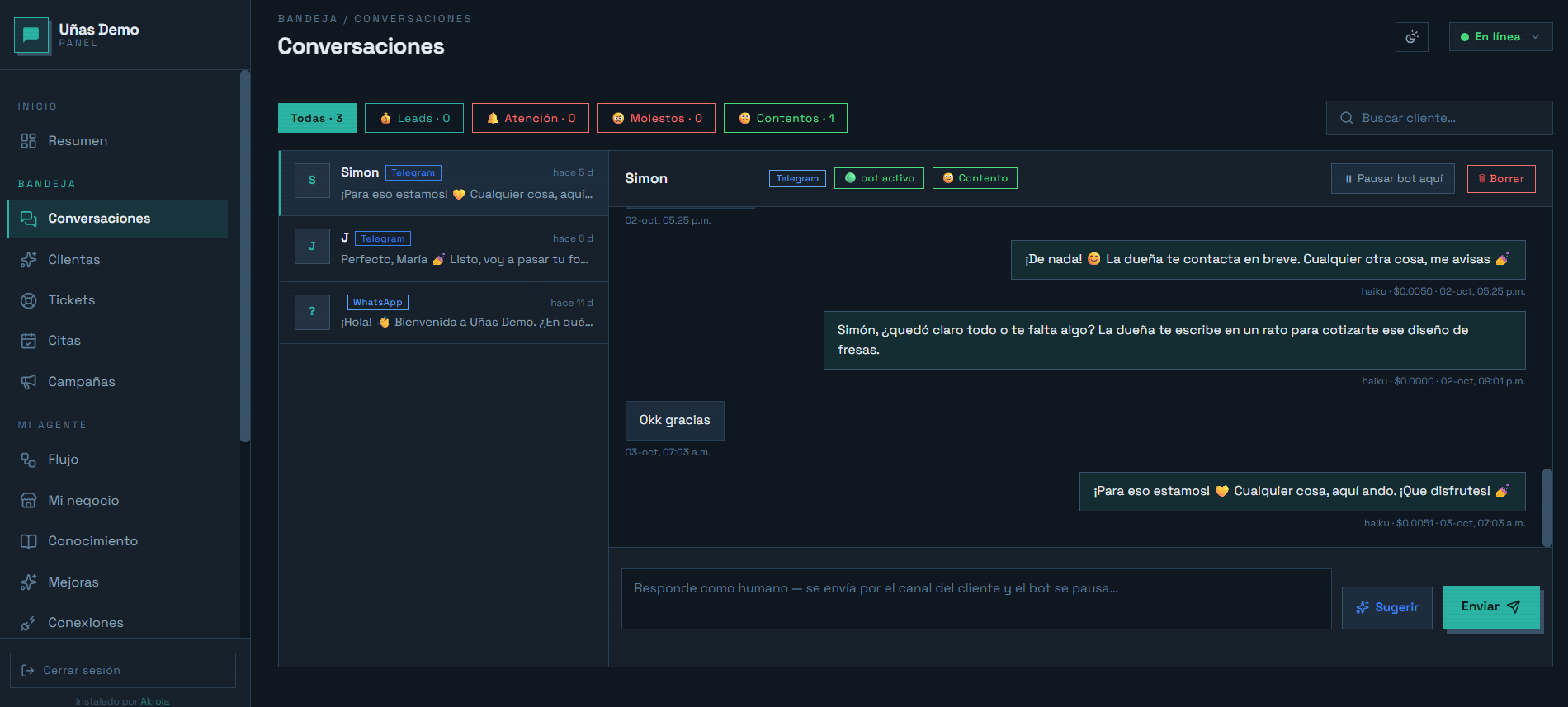 The bot’s dashboard in dark mode: the list of conversations on the left; on the right, a Telegram conversation with the bot’s replies and, under each one, its cost.